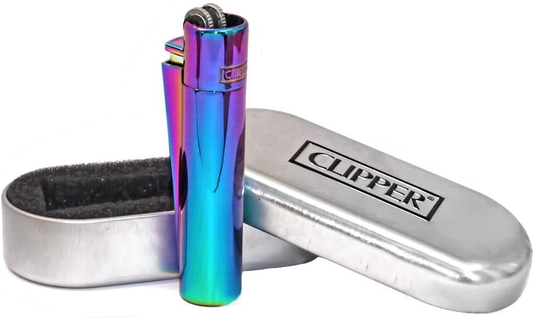 Solid Metal Flint Ignition Clipper Lighter "NEW MIX COLOUR BLUE GREEN PURPLE " - Brushed Chrome Finish - Comes in Embossed Presentation Tin - by VELSON