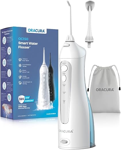 ORACURA Smart Water Flosser OC150 LITE with 150ml water tank capacity White | Portable & Rechargeable | IPX7 Waterproof | ...