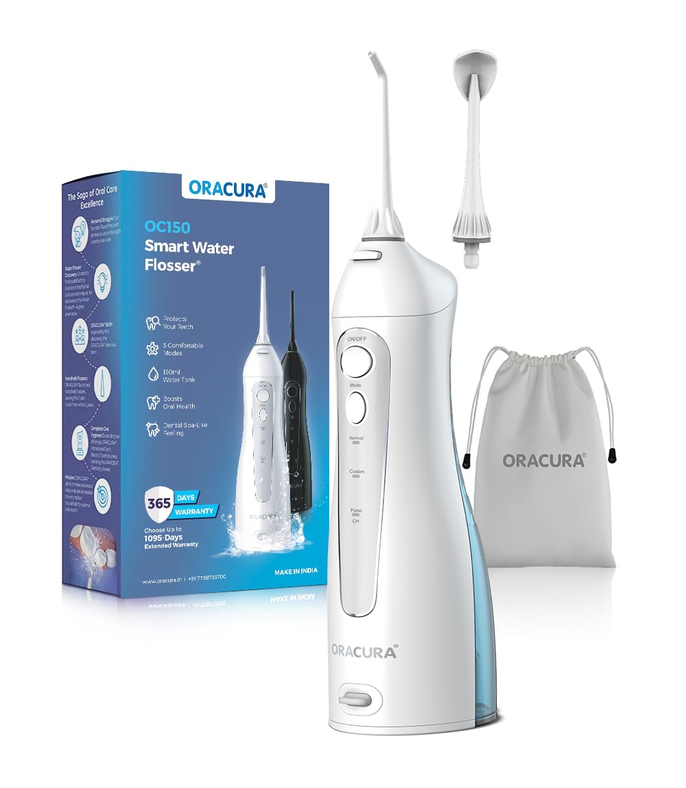 ORACURA Smart Water Flosser OC150 LITE with 150ml water tank capacity White | Portable & Rechargeable | IPX7 Waterproof | 3 Modes & 8 Adjustable Water Pressure Settings | Flossing at Home and Travel | 365 Days Warranty