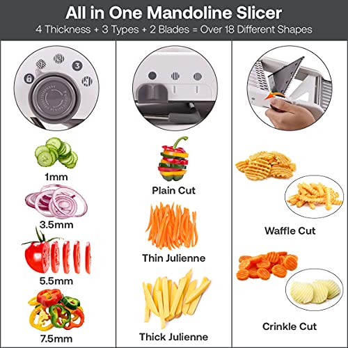 ADOV Mandoline Multifonctions Cuisine, Acier Inoxydable Professionnelle Trancheuse, 18 Formes Réglable sans BPA Manuel Coupe Légumes et Fruit Râpe avec Lames Intégrés pour Gaufré Julienne Tranche
