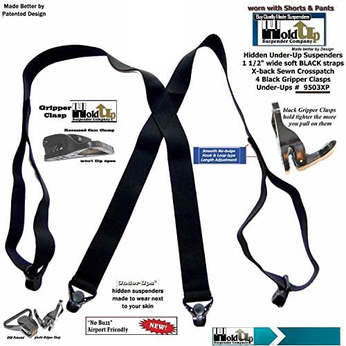 Hold-Up Suspender Co. Traditional X Back Style 1 1/2" Under-Ups Black With The No-Buzz Composite Gripper Clasps #TOP3