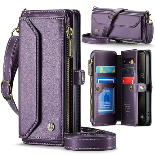 Unichthy Étui portefeuille à rabat en cuir de qualité supérieure résistant aux chocs pour femme avec bandoulière + dragonne, fermeture éclair, 5 emplacements pour cartes, pochette pour Samsung Galaxy