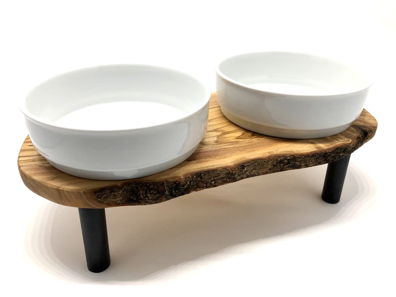 D.O.M. Rusty Plus karmnik (2 x miska porcelanowa 0,9 litra) z drewna oliwkowego, podnoszona na pokarm i wodę