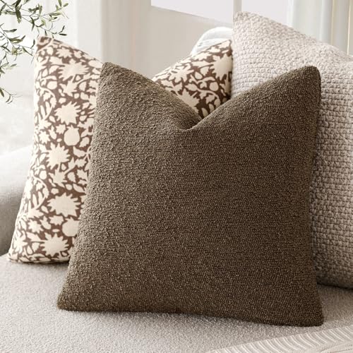 Image of Foindtower Set of 2, Decorative Textured Boucle Throw Pillow Covers Accent Solid Pillow Cases Neutral Soft Couch Cushion Case for Chair Sofa Bedroom Living Room Home Decor 24x24Inch Chocolate