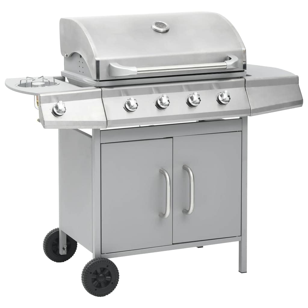 Barbecue a gas 4+1 in acciaio inox con bruciatore laterale e mobiletto inferiore, carrello con coperchio, termometro e vaschetta raccogligrasso per terrazza e giardino