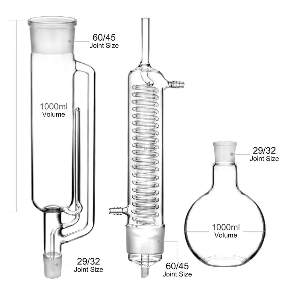 QWORK Kit extractor Soxhlet de 1000 ml con botella de extracción de vidrio de borosilicato alto, tubo de extracción y condensador, junta 29/32 para matraz, junta 60/45 para condensador y tubo de
