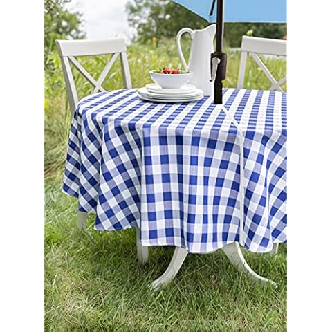 Benson Mills Indoor Outdoor Spillproof Fabric Gingham Checkered Tablecloth for Spring/Summer Pinics and Parties (Blue Buffalo Check, 70" Round with Umbrella Hole) Cover