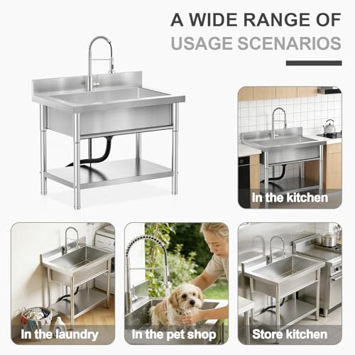 Image of Stainless Steel Utility Sink Single Bowl Freestanding Laundry Sink with Pull-Out Faucet,for Laundry Room Farmhouse Indoor and Outdoor Sink Pet Cleaning