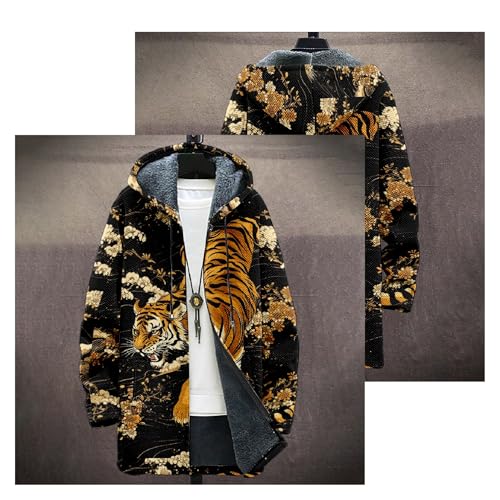 Mens Dragon Graphic Vintage Fleece Jacket Hooded Cardigan Zip Up Japanese Long Coat Tiger Print Outwear with Pockets4
