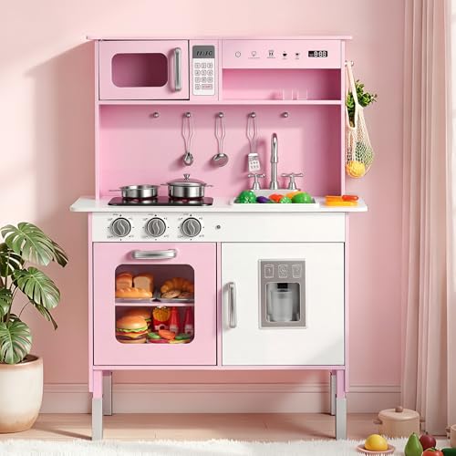 VEVOR Cuisine en Bois Enfant, Cuisine de Jeu pour Enfants avec Lumières et Sons, Aliments et Ustensiles, Micro-Ondes, Four et Bouton Rotatif, Jouet...