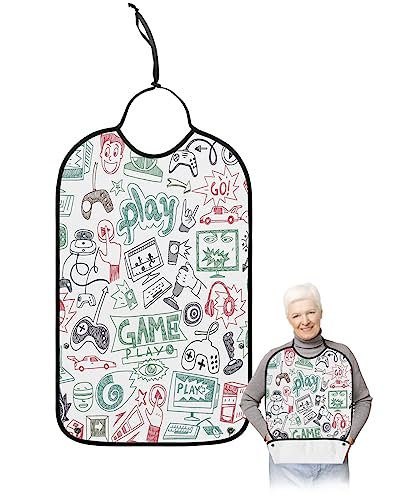 Video Game Adult Bibs for Eating, Waterproof Bibs with Food Catcher & Adjustable Snap Closure, Teal Red Gray Hand Drawn Pattern Cartoon Game Clothing Protectors Adult Bibs for Elderly Women/Men