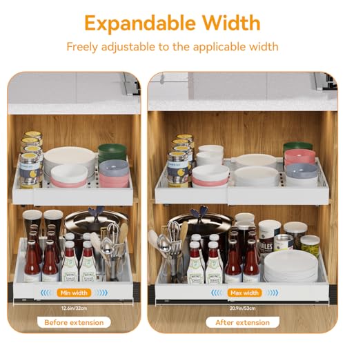 iHomara 4 Pack erweiterbarer ausziehbarer Schrankorganisator mit Klebefläche, 53 cm tiefe Schubladen für Küchenunterschränke, verstellbare Breite 32 cm-53 cm（Weiß）