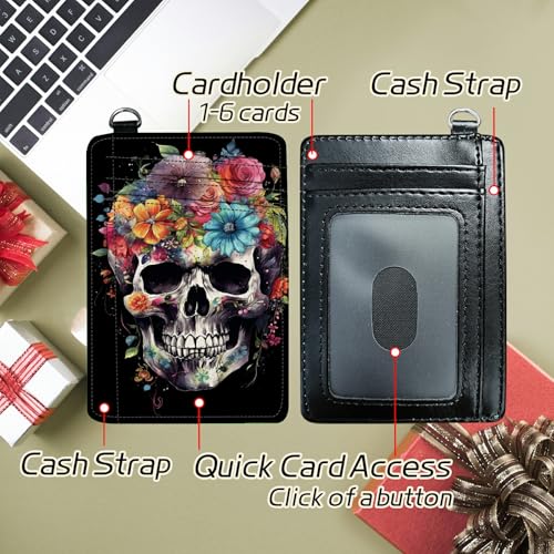 Image of Small Travel Wallets, Sugar Skull Flowers Slim Minimalist Front Pocket Wallet with Wristlet, RFID Blocking PU Leather Credit Card Holder with ID Window Change Purse for Men Women