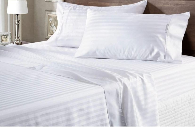 BMI Creations 4-Piece Single Bed Linen Set (Duvet Comforter Cover, Fitted Bedsheet & 2 Pillowcases) - Doby Stripes (White)