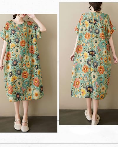Image of LUZU JUNU Women's Summer Baggy Plus Size Loose Cotton Linen Long Boho Beach Dress with Pockets