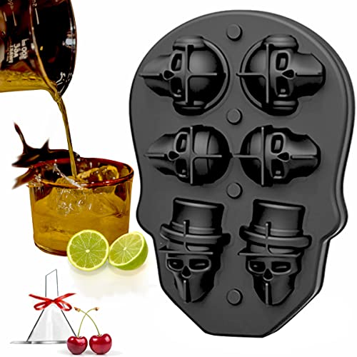 NAUDILIFE 3D Totenkopf-Eiswürfelform, Flexible Silikon-Eiswürfelformschale,Barzubehör, Food Grade Flexible Silikon Eiswürfelbereiter in Formen für Whisky-Eis und Cocktails, mit Mini-Trichter Cover