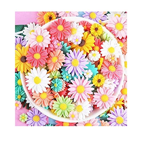 XUESHENGJING 81Pcs Flower Slime Charms 9 Colors Flower Daisy Cabochons Resin Flatback Cabochons for Jewelry Making Scrapbooking Phone Case Decor Hair Accessories Fairy Garden Decor