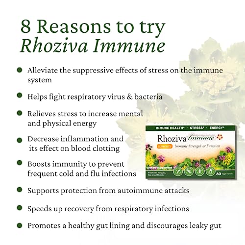 Rhoziva Immune. Immune System Booster Supplement, Stress & Energy Support. Rhodiola Rosea, Reishi Mushroom Extract, Astragalus, Prunella + Vitamins & Minerals. 60 Vegetarian Capsules. (Pack Of 1) #TOP3
