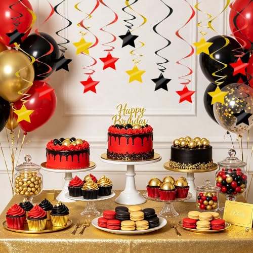 Image of BEISHID Black Red Gold Stars Hanging Swirls Pre-Strung Stars Hanging Decorations for Wedding Baby Shower Cartoon Birthday Graduation Decorations Supplies,Pack of 15