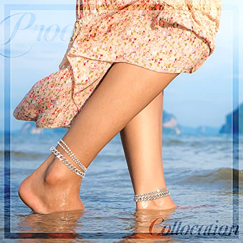 Sureio 3-Piece Women's Adjustable Diamond Tennis & Cuban Link Anklet Set - Sparkling Gifts for Weddings & Summer Fashion (10 Inch, Silver) - Image 6