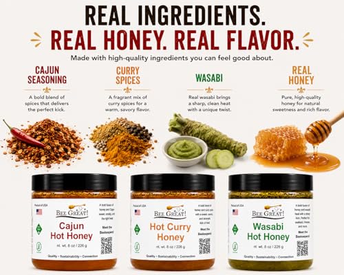 Bee Great Hot Honey Trio Variety Pack Gift Box – Cajun, Curry & Wasabi – Sweet Heat from the Hive – 3×8 oz Small-Batch Gourmet Gift Set - Image 5