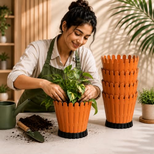 Image of TechHark Decorative Round Planter Pot with Picket Design, Terraccota with Black Base, 15 cm, Pack of 5