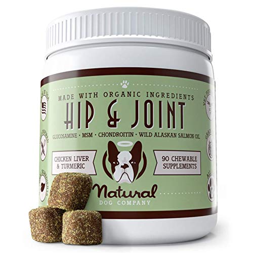 Natural Dog Company Hip & Joint Supplement with Glucosamine and Chondroitin, Promotes Mobility and Relieves Arthritis Pain, Chicken Liver & Turmeric Flavor, 90 Chews