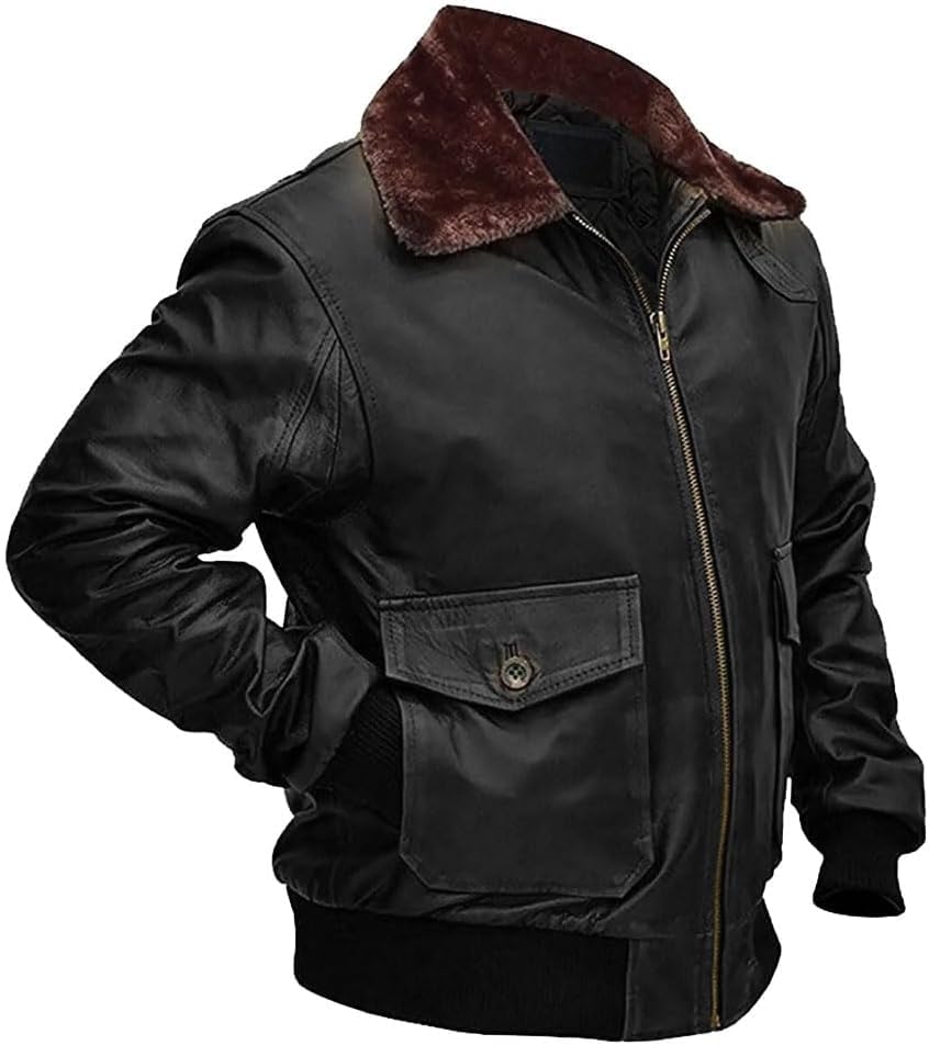 Men’s Vintage Aviator Distressed Brown G1 Bomber Air Force Pilot Fur Collar Flight Leather Jacket for Men3