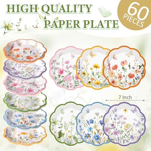 Image of Funnymoom 60 Pcs 7 Inch Wildflower Paper Plates Spring Floral Disposable Party Plate for Dessert Summer Flower Scalloped Plate for Baby Bridal Shower Wedding Birthday Tea Party Decoration Supplies