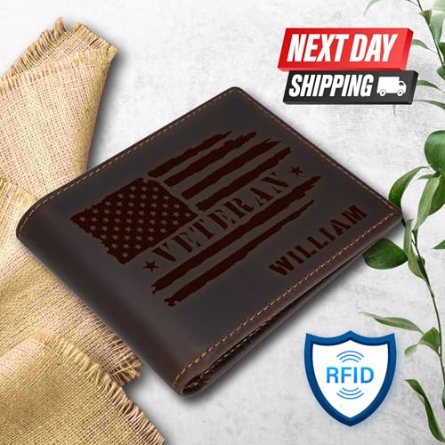 Engraved American Flag Leather Wallet Personalized Veteran Gift for Men Perfect for Valentine’s Father’s Day Christmas, Military Graduation & Patriotic Celebrations.2