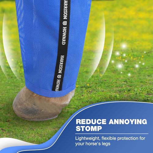 Image of Harrison Howard Loose-Fitting Horse Fly Boots UV-Protective, Breathable, Tear-Resistant Fine Mesh Leggins Stay-on Comfortable Fly Boots with Ultra-Soft Wool Trim (Set of 4) Signature Blue Pony (Small)