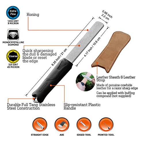 Sharpal 127N Dual-Grit (Coarse 325 / Extra Fine 1200) Diamond Sharpening Stone With Leather Strop, Tool Sharpener For Knife, Axe, Lawn Mower Blade, Garden Shears, Chisels, Spade And All Blade Edge #TOP1