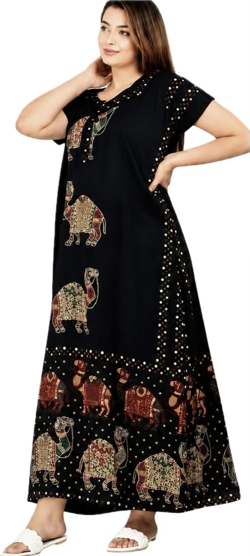 Women's Cotton Nighty, Black Ethnic Camel Print Maxi Dress |-picture-58