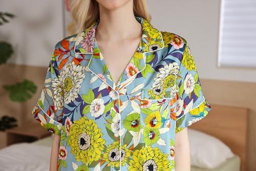 Image of YiNi LuLu Womens Silk Satin Shorts Pajamas Set Button Down 2 Piece Pjs Short Sleeve Oversized Sleepwear with Pockets