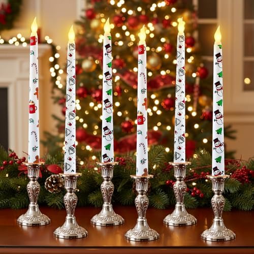 6 Pcs Christmas Flameless Taper Candles 11 Inch Long Snowman Santa Gingerbread Man Battery Operated LED Candles Table Centerpiece for Xmas Winter Holiday Party Decor