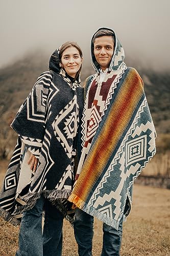Image of Alpaca Mens Poncho with Hood - Cowboy Serape Western Poncho - Clint Eastwood Poncho for Men - Ecuadorian Cloak with Hood Men