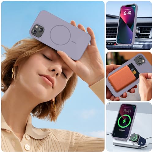 Image of Miracase Magnetic for iPhone 13 Case, [Soft Anti-Scratch Microfiber Lining], Compatible with MagSafe, Liquid Silicone Case Shockproof Drop Protection Phone Case for 13, Lavender Gray