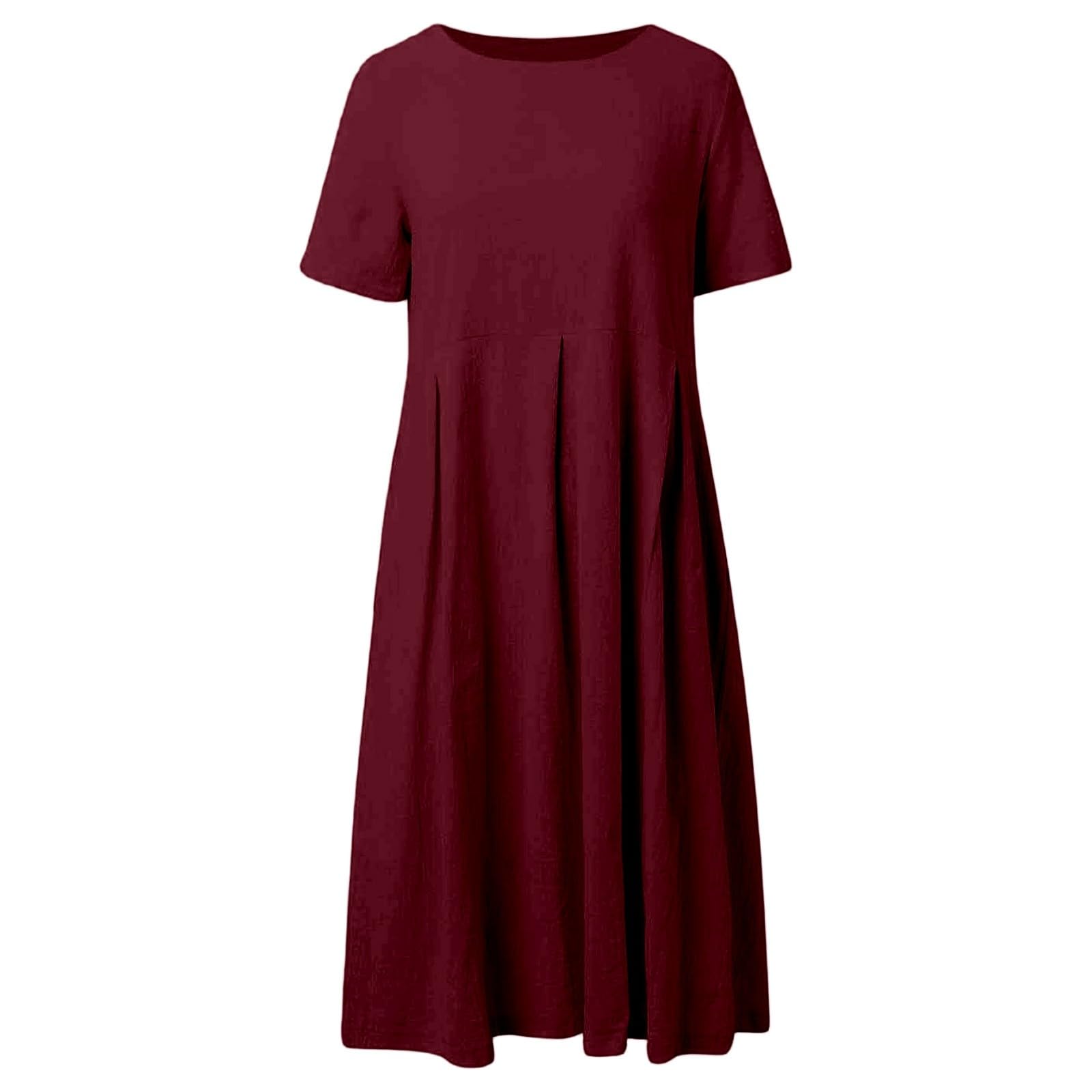 Vestido de verano para mujer, manga corta, cuello redondo, ligero, de algodón, lino, vestido de playa, línea A, vestido largo para primavera y verano
