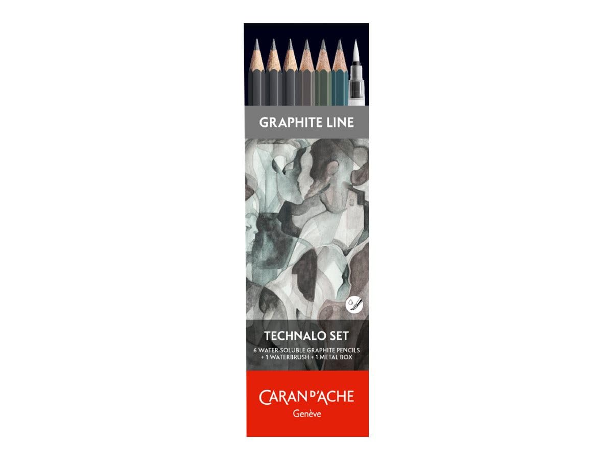 Caran d'Ache Graphitstifte Set mit Wasserpinsel - Wasservermalbar - Ideal für Vorbereitungsarbeiten, 6 Stück (1er Pack)