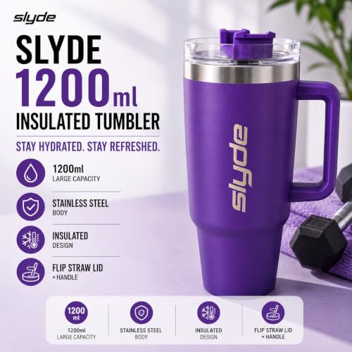 Image of Slyde 1200ml Stainless Steel Insulated Tumbler with Handle | Double Wall Vacuum Travel Mug | Leakproof Lid | Includes 2 Straws (1 Stainless Steel & 1 Plastic) Purple