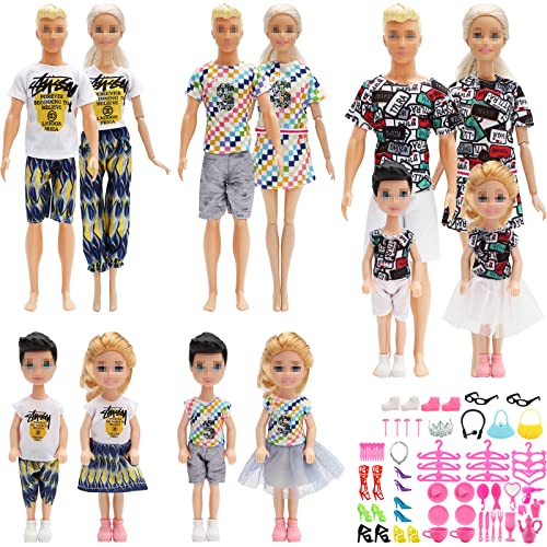 SOTOGO 71 Pieces Doll Clothes and Accessories for 11.5 Inch and 5 Inch Girl Boy Doll Include 12 Sets Cute Parent Child Clothes with 50 Pieces Different Doll Accessories and 4 Pairs of Shoes