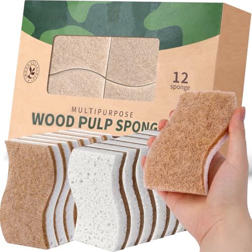 JiedHiur 12Pack Natural Kitchen Sponge, Biodegradable Cellulose and Coconut Scrubber,