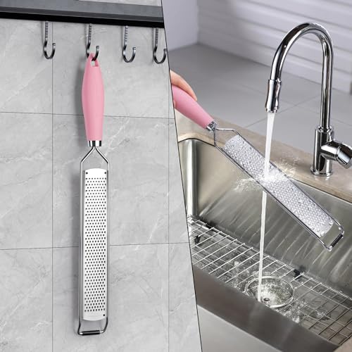 Image of Rainspire Zester Grater with Handle, Lemon Zester Cheese Grater for Kitchen Stainless Steel, Parmesan Cheese Garlic Nutmeg Chocolate Fruits Vegetables Ginger Grater, Fine (Pink)