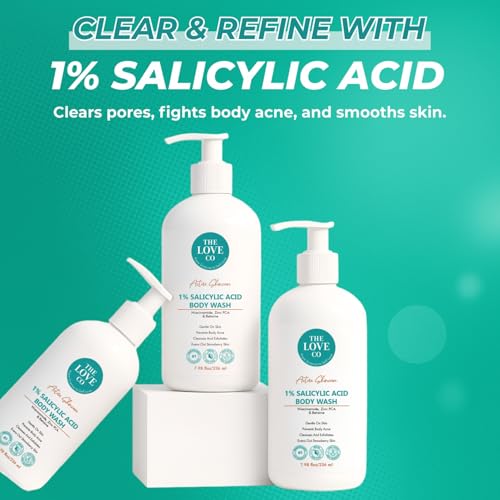 Image of THE LOVE CO 01% Salicylic Acid Body Wash + Acne Body Spray| Body & Back Acne | Prevents Dry, Rough, Bumpy, and Strawberry Skin | Deep Cleanses Skin Combo Pack of 2