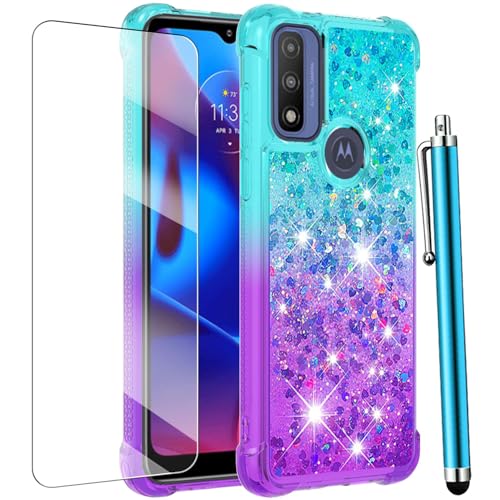 CAIYUNL for Moto G Play 2023 Case, Moto G Pure Phone Case, Moto G Power 2022 Case with Screen Protector, Women Girls Cute Glitter Liquid Soft TPU Shockproof Cover for Motorola G Play 2023-Blue/Purple