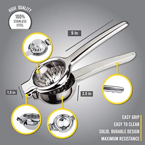 Extra-Large Stainless Steel Lemon Lime Squeezer - Manual Press - Citrus Juicer with Filter