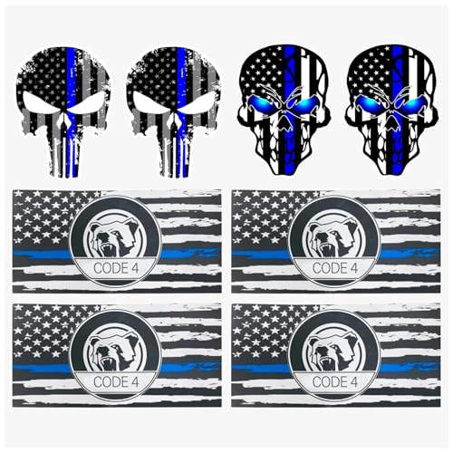 Image of Reflective Decal with Back The Blue Line Lives Matter Flag Car Sticker for Truck, Thin American Skull Flag Code 4 Sticker for Window Bumper Police Law Enforcement (bear8)