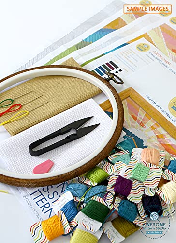 Image of Zion National Park K423 Counted Cross Stitch KIT#3. Threads, Needles, Fabric, Embroidery Hoop and Printed Color Pattern Inside. Embroidery Pattern