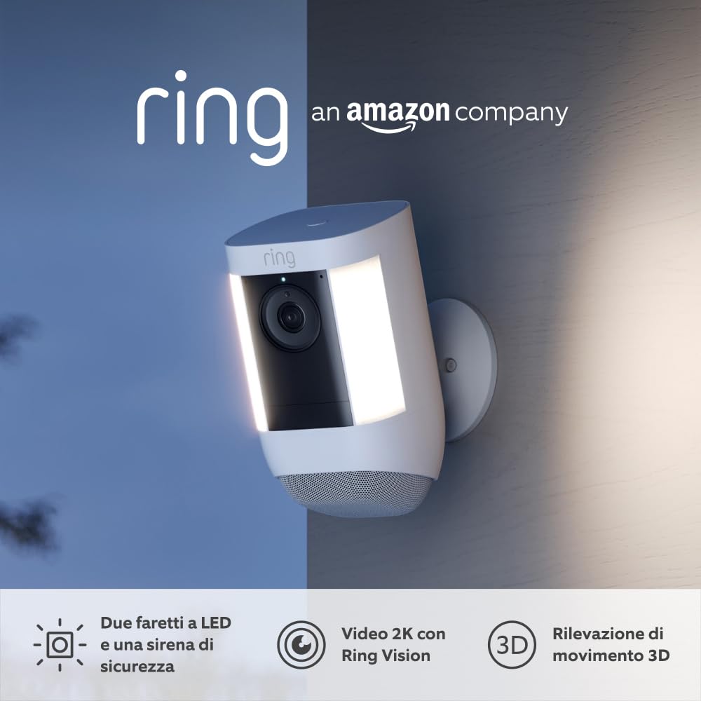 Ring Videocamera Pro con faretti a batteria (Spotlight Cam Pro Battery)| Video 2K, Ring Vision, rilevazione di movimento 3D | Prova gratuita di 30 giorni del piano Ring Home | 2 telecamere