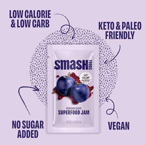 Image of Smash Foods Grape Jam Squeeze Packets | 10 Single Serve | Natural, Keto & No Sugar Added | Vegan & Upcycled Fruit Spread | Low-Calorie, Superfood Snack